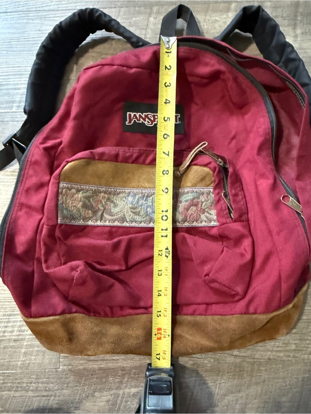 Vintage Jansport Burgundy Backpack with Brown Suede Trim and Patterned Accent - Picture 4 of 5